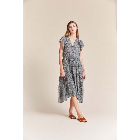 Trovata Birds of Paradis Kristi Dress Sea Mist Floral XS Cotton Blend Midi - Picture 3 of 12